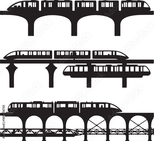 Monorail trains on elevated tracks and bridges vector