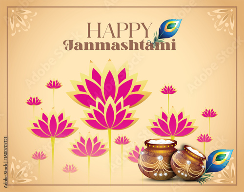 Celebrating happy Janmashtami festival of India with llustration of Lord Krishna playing bansuri (flute) and dahi handi competition with text in Hindi meaning 'Krishan Janmashtami'- vector background