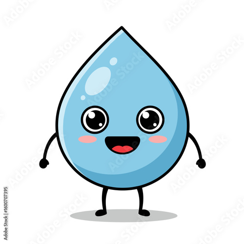 Happy Light Blue Water Drop Cartoon Character with Small Arms and Legs