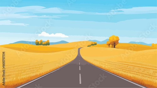 Golden Fields Countryside Road Landscape with Vibrant Scenery