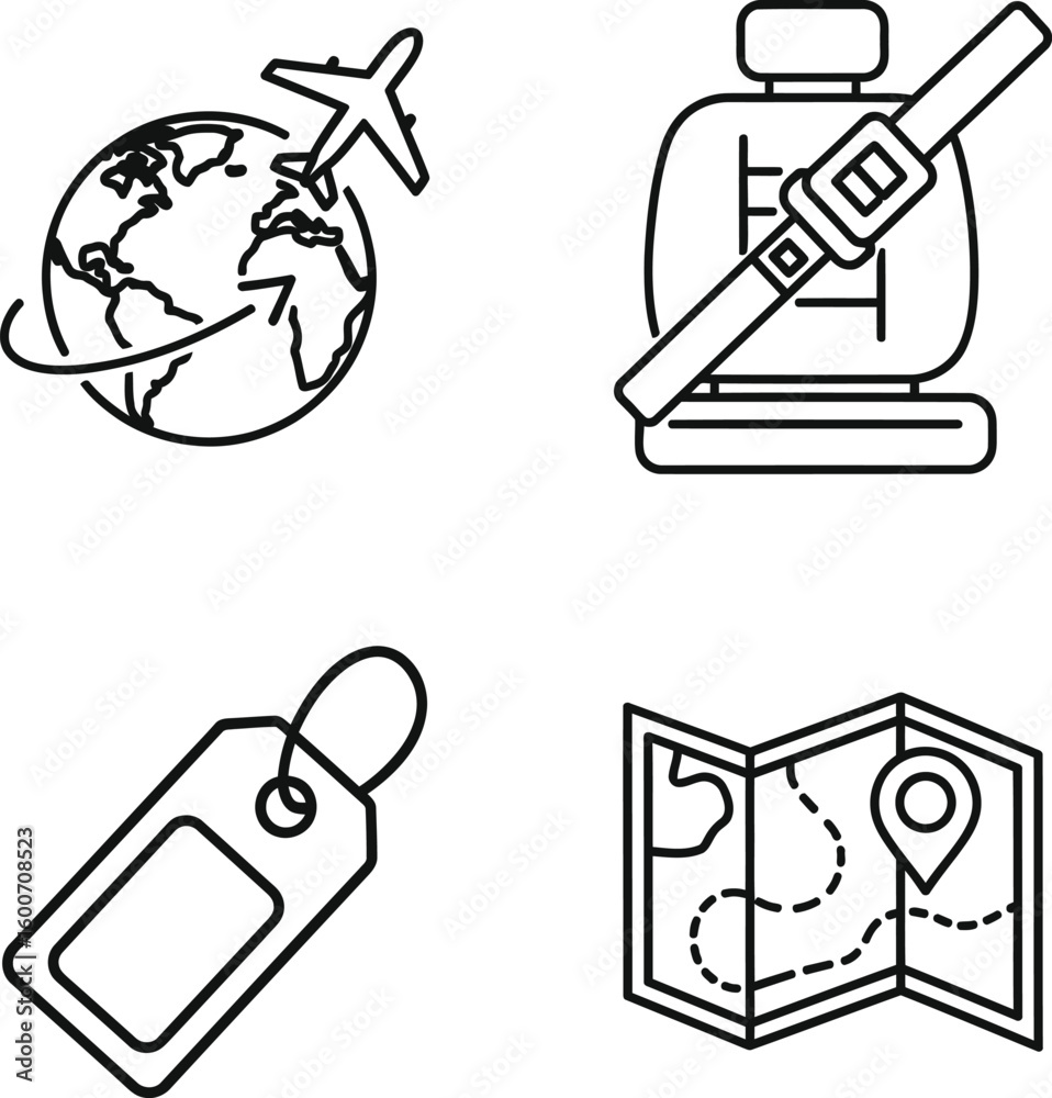Fototapeta premium Travel themed line art icons including map and luggage tag, Travel, airplane, and globe represent international travel destinations
