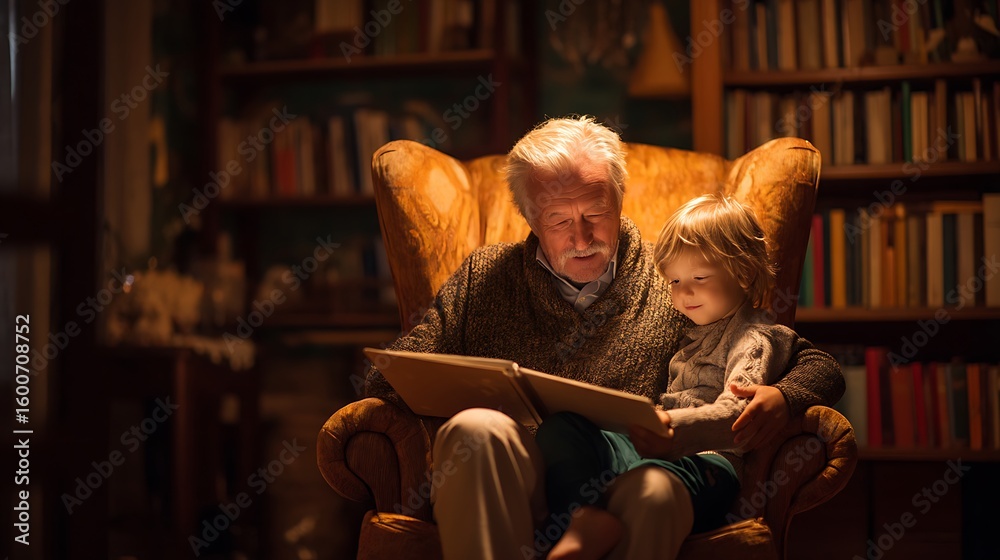 Obraz premium Grandfather sitting in an armchair telling a story to a small grandchild sitting on his knee, warm ambient lighting, bookshelf in background, storytelling moment full of love 