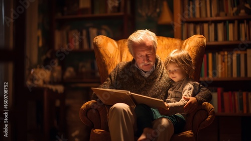 Grandfather sitting in an armchair telling a story to a small grandchild sitting on his knee, warm ambient lighting, bookshelf in background, storytelling moment full of love 