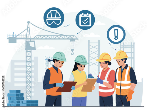 Cartoon vector illustration of construction workers on a city building site, symbolizing successful teamwork and urban development
