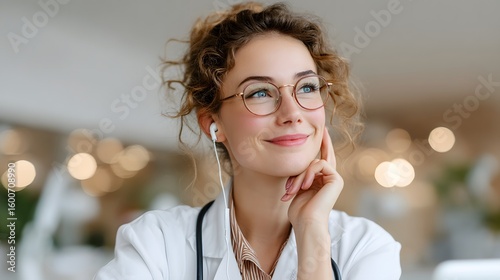 Thoughtful female doctor pondering ideas while wearing glasses and earphones in modern clinic