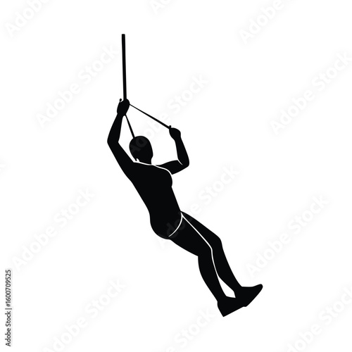 Silhouette of a person ziplining, Side view silhouette of a zipliner hanging upside down