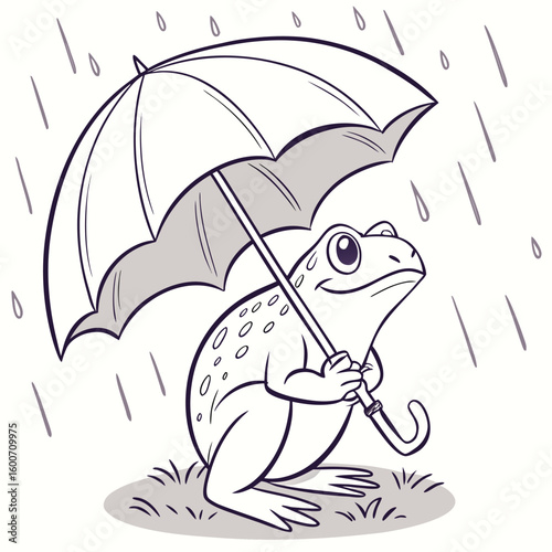 Cartoon Frog Under Umbrella in Rain Grey Scale Illustration