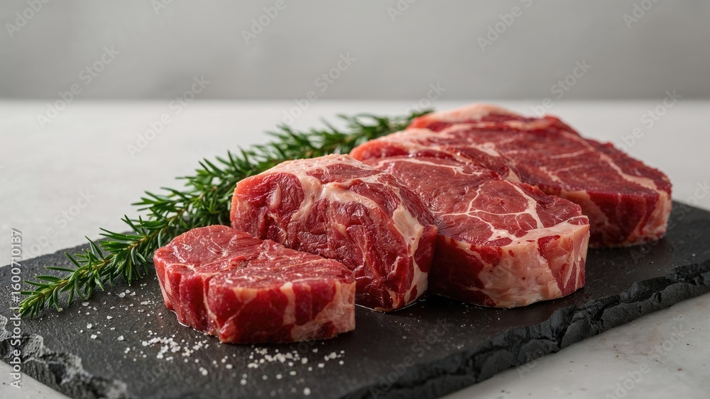 raw cuts of marbled beef on a black slate cutting board decorated with fresh rosemary and coarse sea salt on a light background raw cuts of marbled beef on a black slate cutting board decorated with fresh rosemary and coarse sea salt on a light background