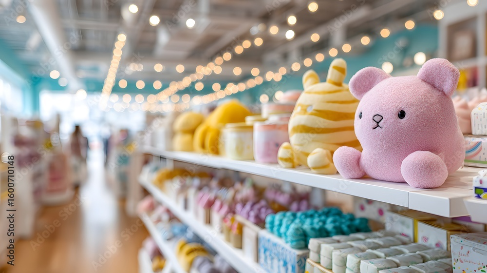 Obraz premium Colorful Plush Toys and Decorative Items on Display in Bright Modern Retail Space