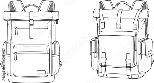 Technical flat sketch of roll top travel backpack with zipper pockets, buckles, side compartments, perfect for fashion accessory design illustration