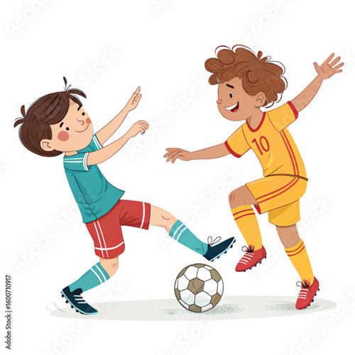 Soccer Action Illustration: Dynamic illustration of two young players engaged in a soccer match, conveying the essence of teamwork, competition and the joy of sport.