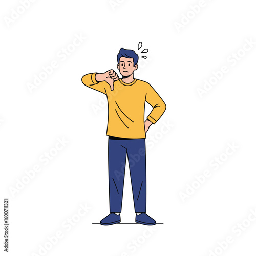 Disappointed young man giving thumbs down gesture expressing strong dissatisfaction and negativity