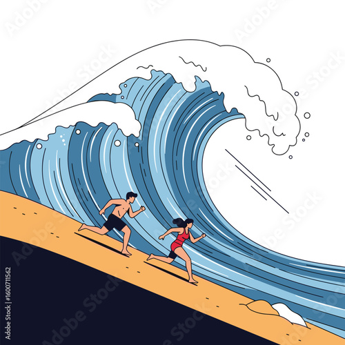 Couple running from massive ocean wave on sandy beach during daylight