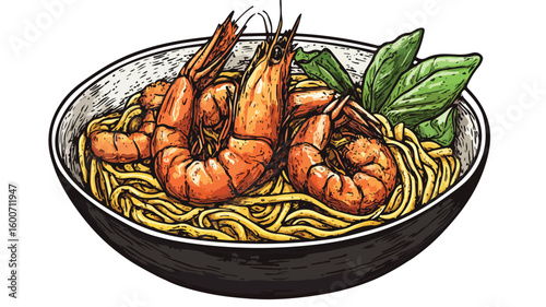 Delicious Engraving Illustration of Pad Thai Noodle