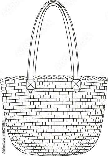 Woven straw tote bag vector illustration, handwoven texture line art, summer beach handbag sketch, eco-friendly accessory outline design