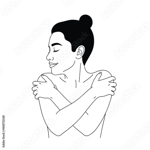 Self hugging embracing inner peace and comfort feeling calm and serene
