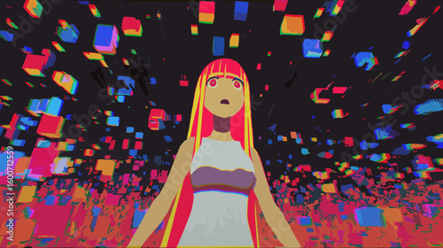 Young woman looking amazed amidst colorful glitch vector background  