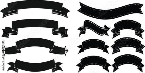 A vintage collection of black and white ribbon and banner vector decorations, perfect for labels or scrolls