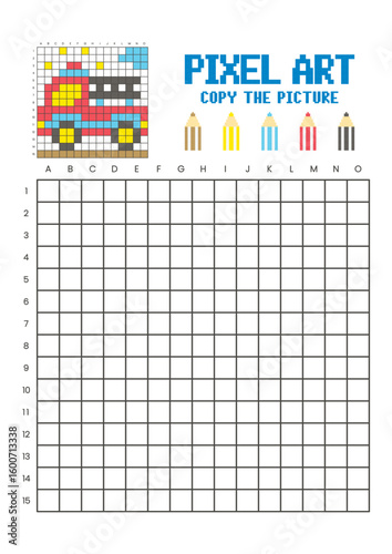 Copy the picture grid drawing worksheet for kids. Pixel art fire truck
