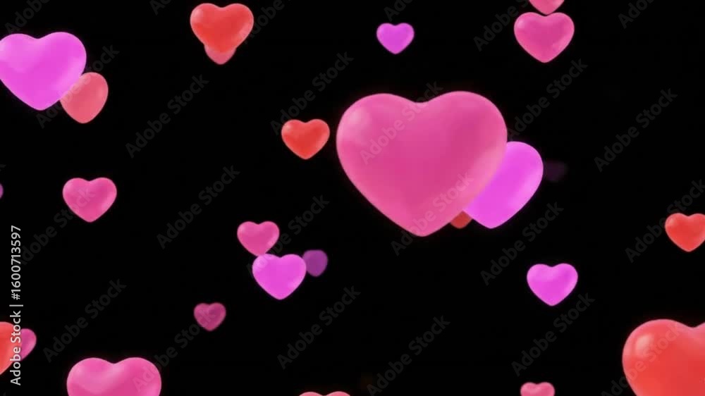 A black background filled with floating pink and red 3D hearts