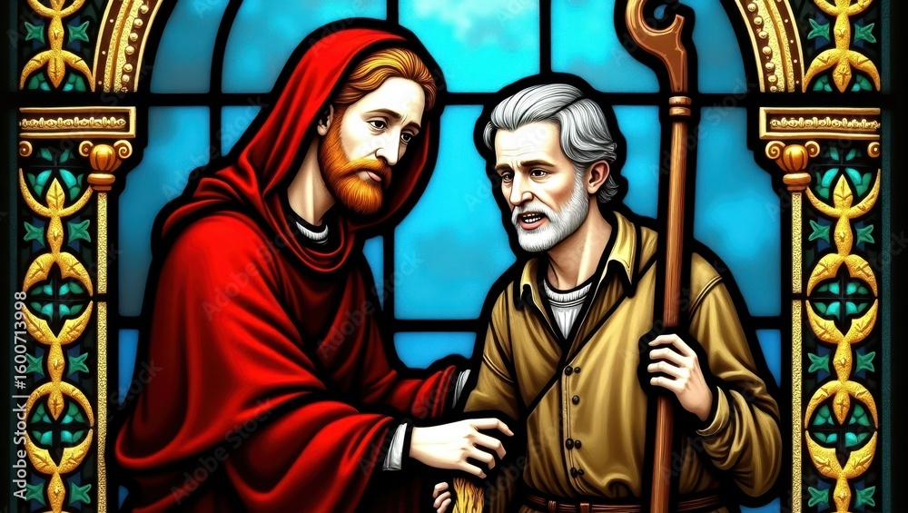 Naklejka premium Two figures in a stained glass window scene.