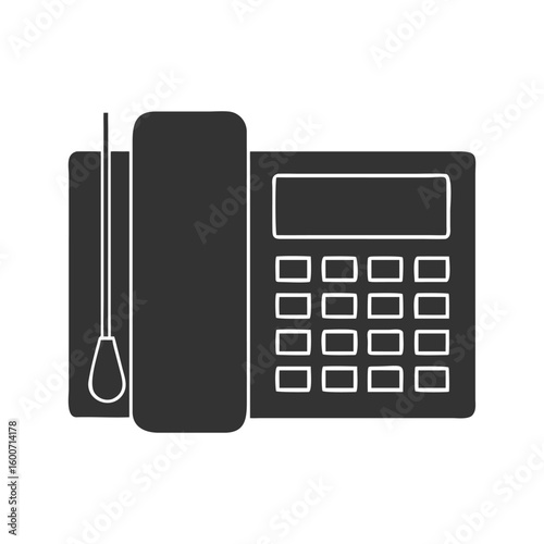 Bold black silhouette vector icon of a vintage rotary dial landline telephone. Minimalist flat design perfect for retro communication themes and classic tech visuals.