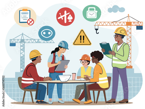 Cartoon illustration of construction workers at a school construction site with children, teachers, and a woman watching