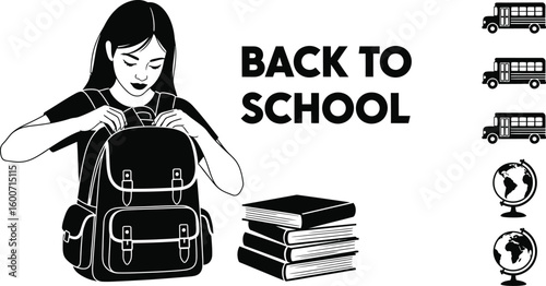 Vector art of a black and back to school illustration with student backpack books and school bus