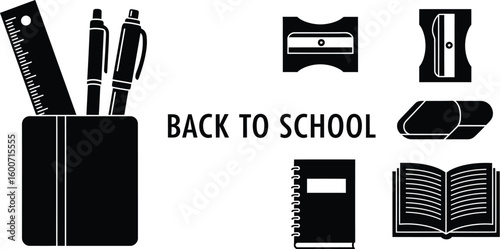 Vector art of a ruler pens sharpener eraser and books are displayed to represent back to school