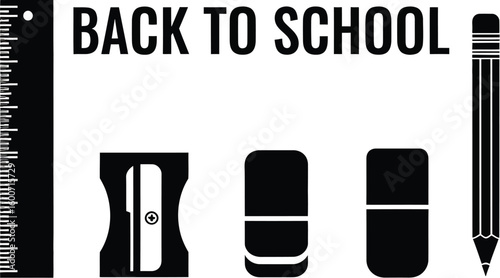 Vector art of a black and design features school supplies such as a ruler pencil eraser and sharpener with back to school text