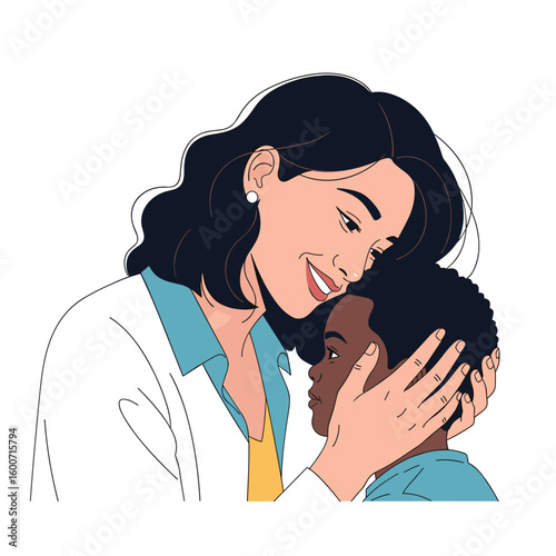 Caring professional offers comfort and support to young child with affectionate embrace