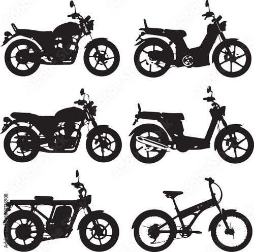 Multiple black motorcycle and scooter silhouettes moped