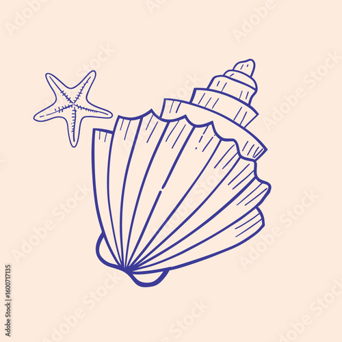 Original hand drawn, Blue Seashell and starfish Icon, minimalistic vector illustration of a stylized blue seashell and starfish. Perfect for design projects, beach-themed graphics. 