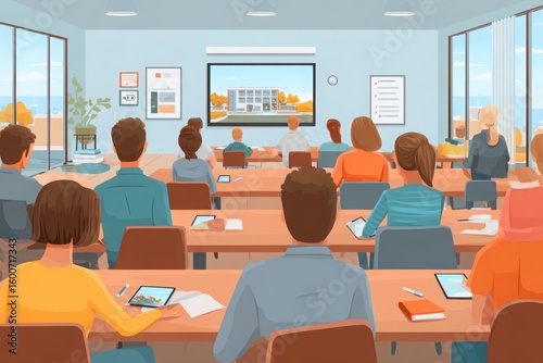 Classroom full of students listening, watching a presentation on a large screen