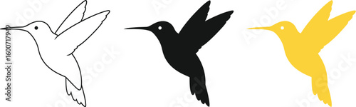 Three hummingbird illustrations showcase a line drawing, a solid black silhouette, and a vibrant yellow version, ideal for nature-themed designs and creative projects.