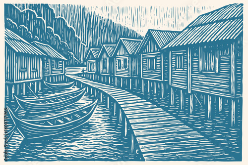 A traditional fishing village with houses on stilts and boats along a wooden pier. Scenic landscape in a retro woodcut vector style.