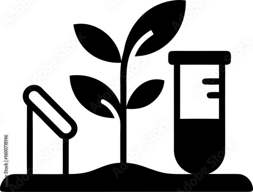 Soil Testing Kit Icon with Test Tube and Plant Black and White