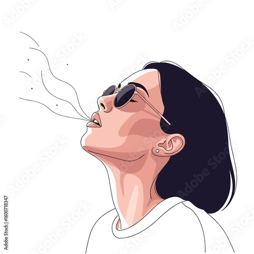Stylish woman exhaling smoke through sunglasses against a white background