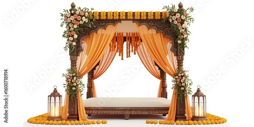 Elegant indian wedding mandap with drapes and flowers