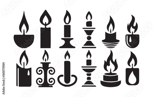 Black Candle Silhouette Icons Set. Decorative Burning Wax Candles Collection. Victor illustration eps 10