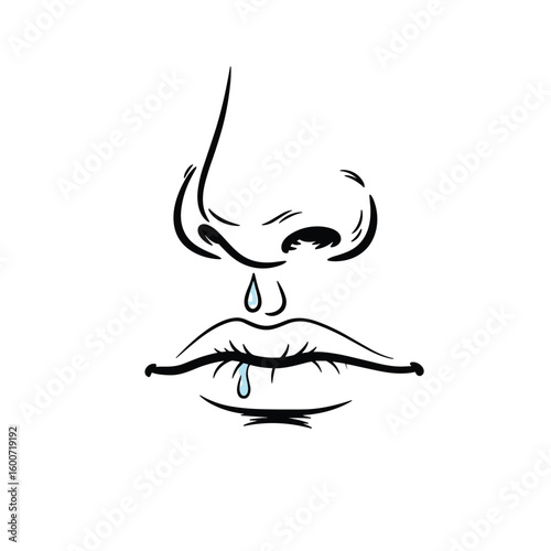 Simple line drawing of a human nose and mouth with droplets showing a runny nose