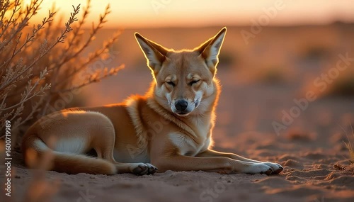 Australian dingo resting near its pup under shade