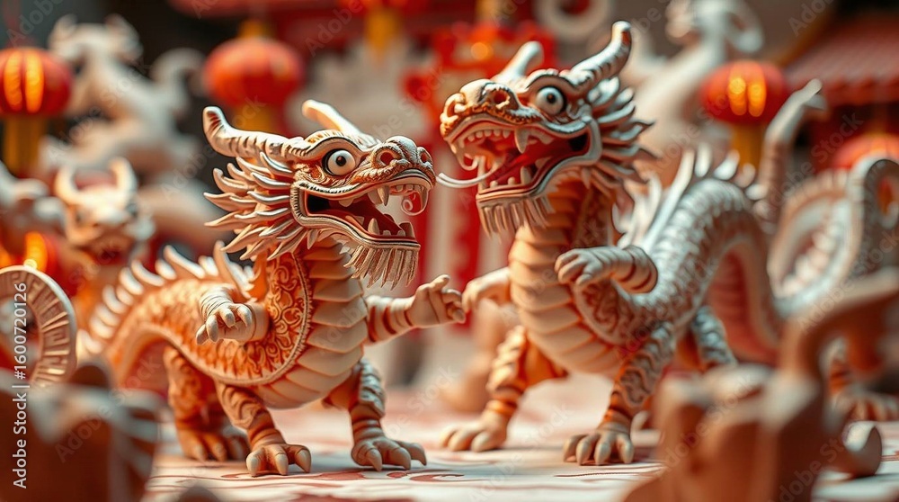 Obraz premium Two Detailed Chinese Dragon Figurines in Close-up
