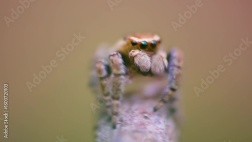Jumping spider, evarcha falcata sitting on brach. Macro czech animal background