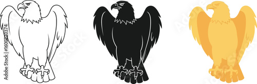 Three stylized eagle illustrations showcase a majestic bird of prey in different forms, including a line drawing, a solid black silhouette, and a golden design, perfect for graphic design.