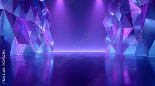 3d rendering of purple and blue abstract geometric background. Scene for advertising, technology, showcase, banner, game, sport, cosmetic, business, metaverse. Sci-Fi Illustration. Product display