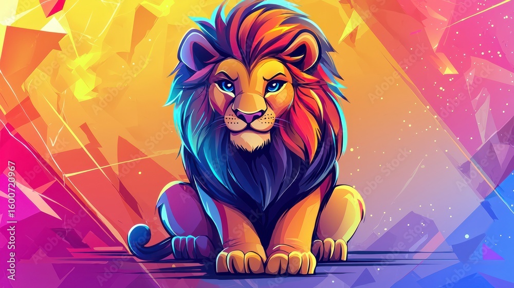 Fototapeta premium Colorful lion sitting, vibrant background, artistic style, digital illustration, for prints or social media