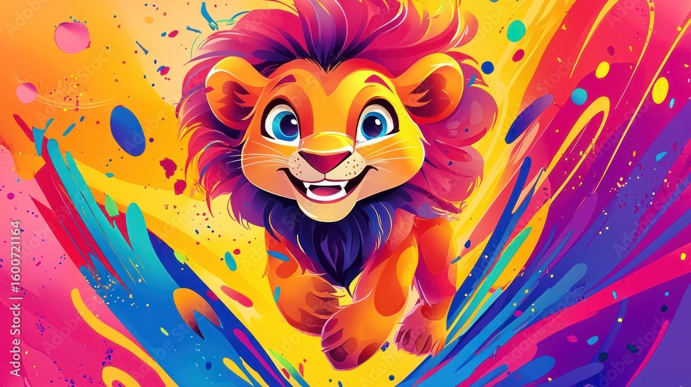 Fototapeta premium Cute lion cub running in vibrant colors