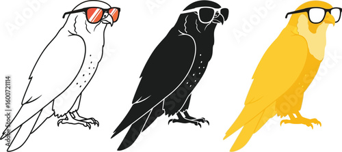 Three cool falcons showcase different styles, one in outline, one in solid black, and one in yellow, all wearing sunglasses, creating a fun and modern avian design.