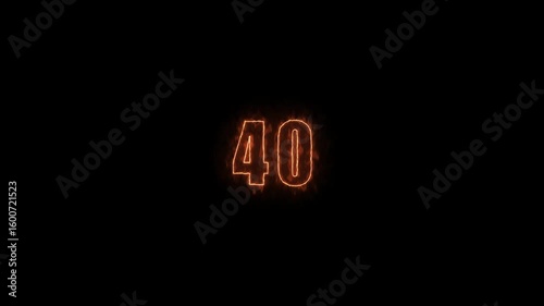 Digital display of the number 40 in a burning, fiery orange style against a dark background. Concept of a countdown or timer.